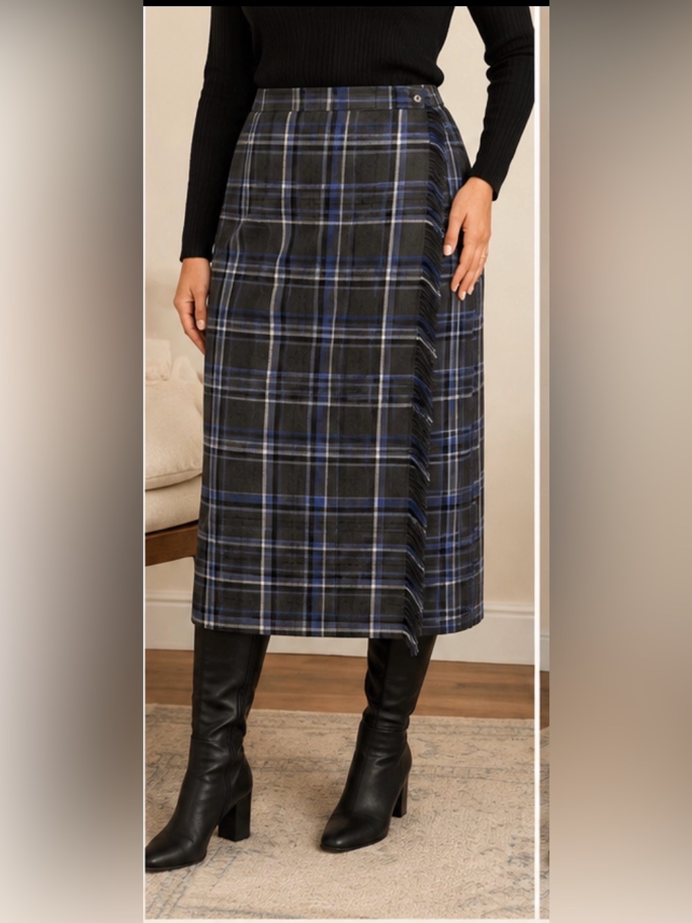 Requirements Grey & Blue Plaid Tartan Wrap Skirt w/ Fringe- size 14 - Picture 10 of 14